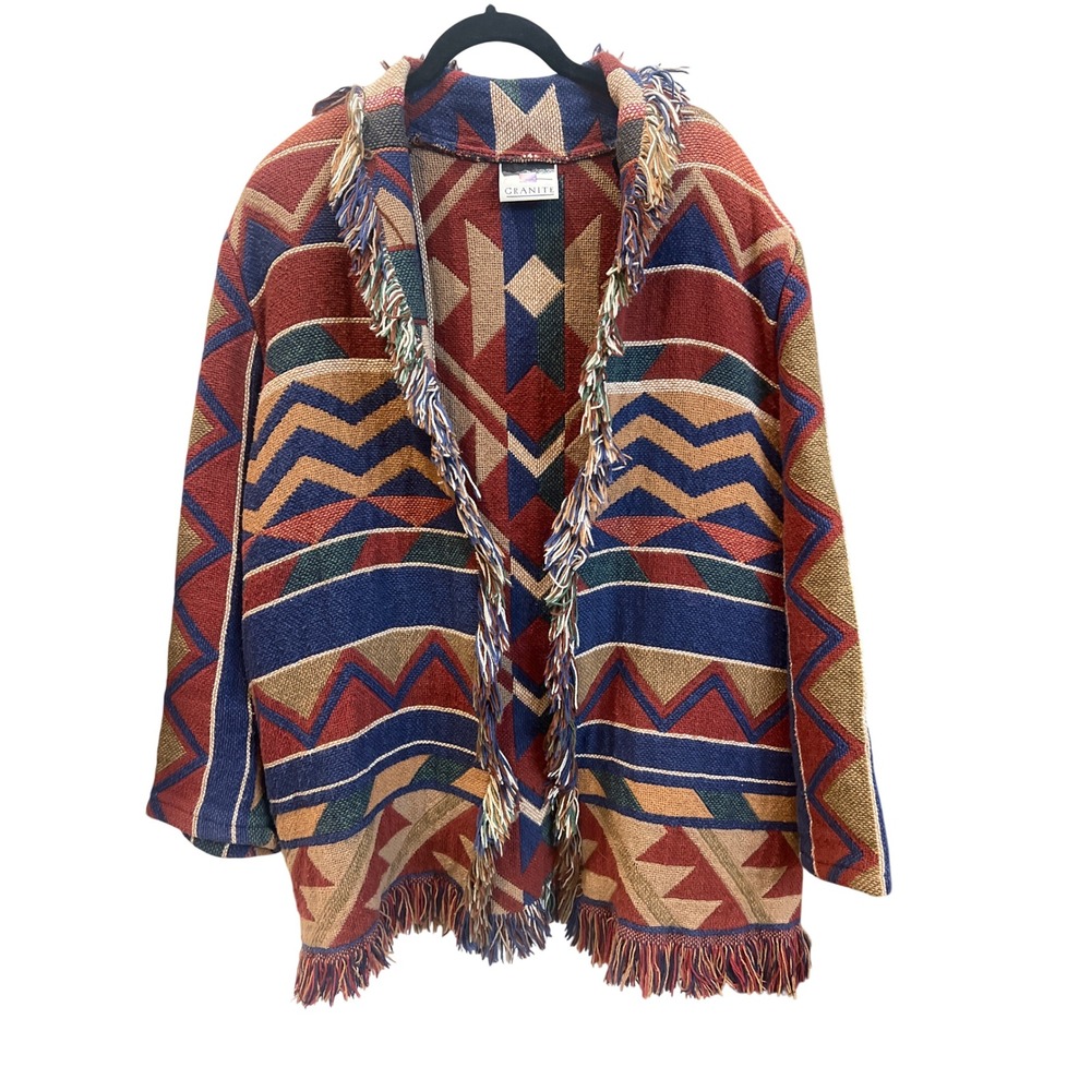 Granite Vintage‎ Southwestern Tapestry Fringe Jacket One Size Geometric Cotton
